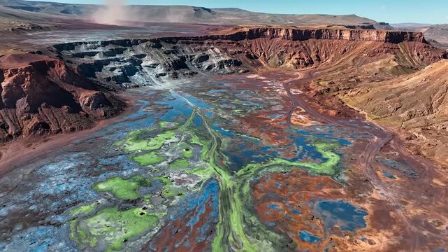 Vibrant mineral deposits of oxidized copper form striking blue and green patterns across a vast arid geological landscape