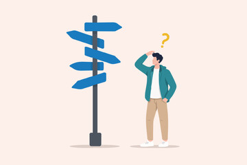 Lost man at crossroad sign