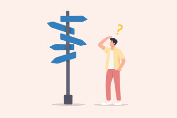 Man Thinking At Sign Post