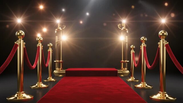 Red Carpet Walkway to Stage with Golden Stanchions and Flashing Camera Lights
