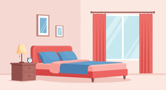 Cozy Bedroom Illustration with Red Bed, Window, and Minimalist Interior Design