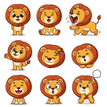Set of cute lion emojis with different expressions and emotions