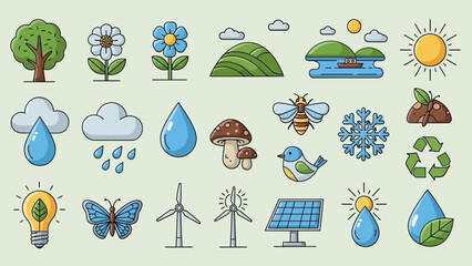 Fototapeta premium A vector illustration collection featuring a set of nature icons and travel symbols like a sun, palm tree, and beach umbrella for summer holiday vacation design