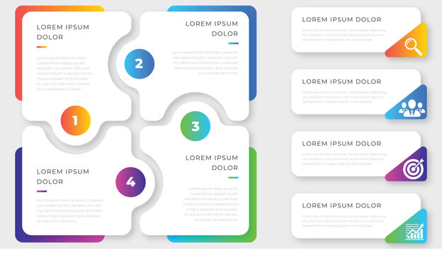 4-Step Jigsaw Puzzle Infographic Template. Vector Business Presentation Slide Featuring Interlocking Pieces with Numbered Nodes and Matching Vertical Description Banners