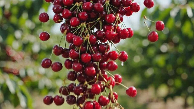 A bountiful cascade of ripe red cherries with intertwined stems, falling gracefully from a tree branch in an orchard setting, showcasing nature's delicious harvest.