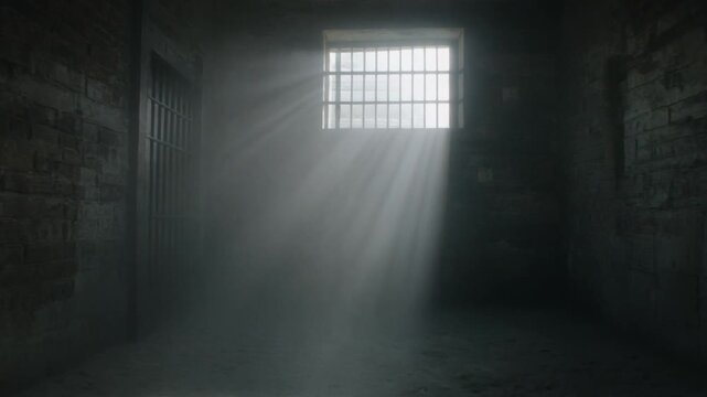 Abandoned jail corridor with sunbeams through barred window and cell doors, brick walls