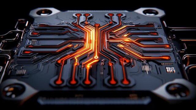 Glowing orange circuit board with intricate electronic pathways and metallic components dark metallic surface showcasing advanced technology