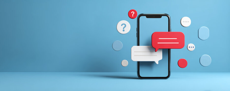 Mobile phone chat bubble online message customer support digital communication question mark blue background social media modern technology