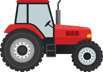 A flat vector illustration depicts a classic red farm tractor side view © MAYENUDDIN