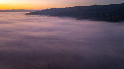 Aerial sunrise casts warm golden light over a mist covered forest and rolling hills, creating a serene and atmospheric landscape scene. Ideal for themes of nature, tranquility, and new beginnings.
