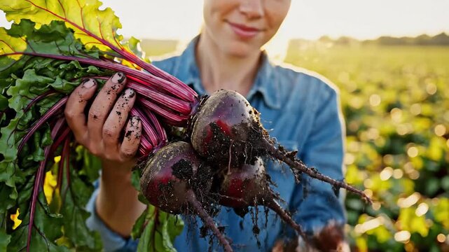 Farmer holding fresh organic beetroots with green leaves in a sunlit field