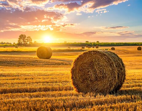 A serene hayfield at sunset with large hay bales