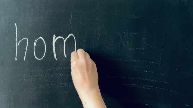 Female hand writing the word "Homework" in chalk on black slate board. School assignment, study task, after-class work concept.