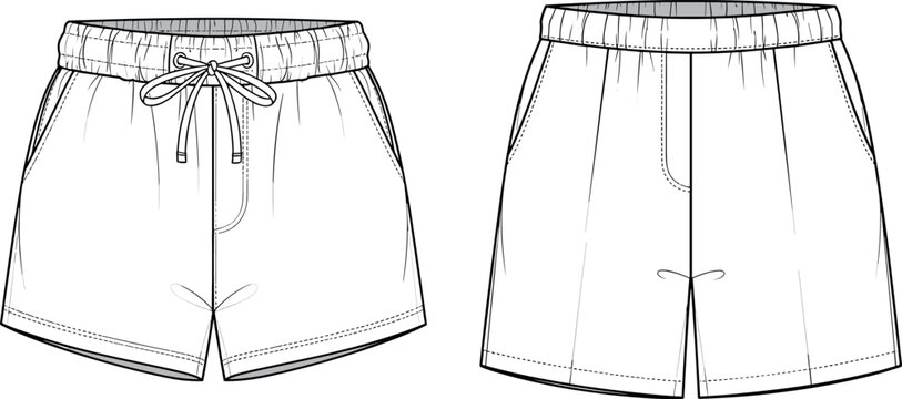 Men's casual shorts fashion flat sketch technical drawing vector template with elastic waistband and drawstring details