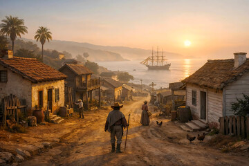 early California coastal town with ship in bay