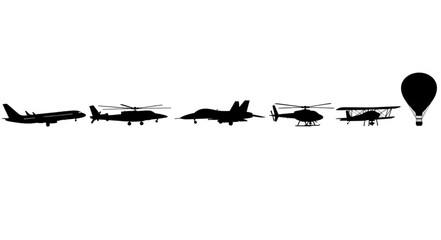 Diverse collection of aircraft silhouettes including airplanes helicopters and hot air balloon. © Cihu