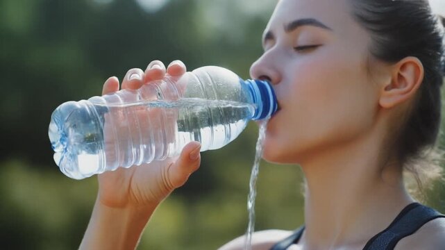 A woman staying hydrated on a hot day by drinking water from a bottle
