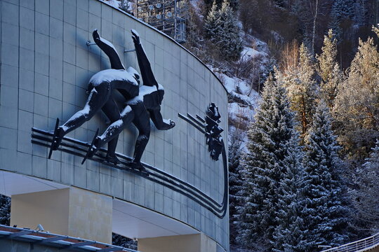 Almaty, Kazakhstan - 02.07.2026 : The Medeo alpine skating rink. Stucco molding at the main entrance.