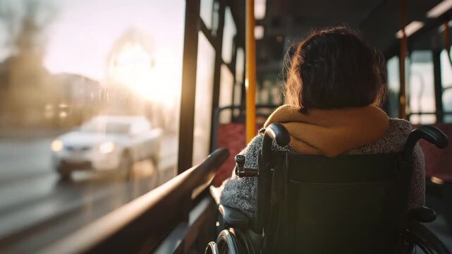 A disabled person using public transportation while seated in a wheelchair and looking out the window.