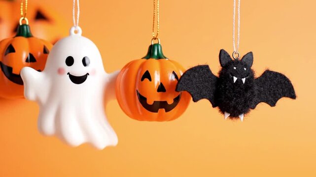 three suspended halloween ornaments swaying gently as if in light breeze thin strings visible solid pastel orange background simple composition partial frame layout seamless looping soft studio light

