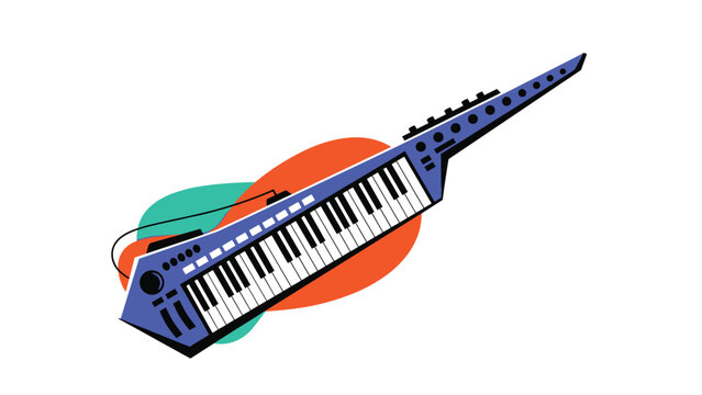 Modern keytar, a portable keyboard instrument, with vibrant abstract shapes in the background, representing musical performance and creativity.