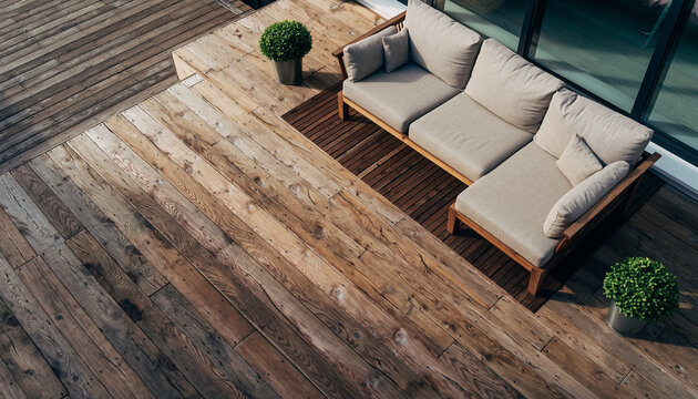 Brown wooden deck with a neutral outdoor sofa set and green plants. Modern patio design for luxury backyard living and home exterior styling.