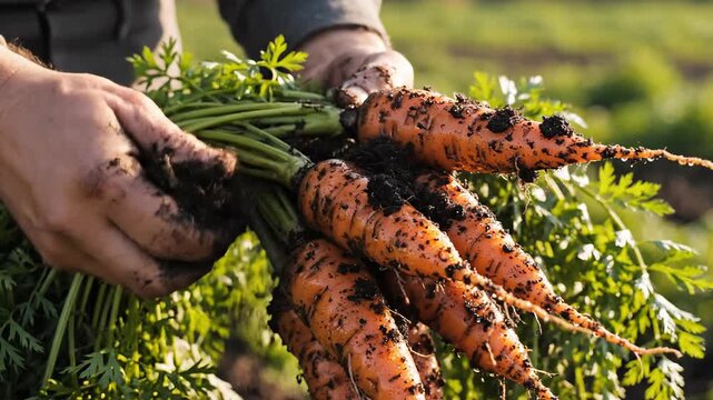Farmer holding freshly harvested organic carrots with soil and green tops in hands
