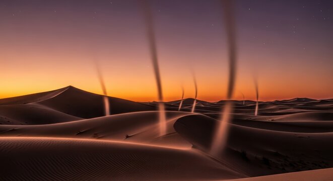 Ethereal desert landscape with whimsical dust devils under a twilight sky with vibrant hues