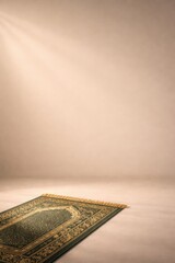 Green islamic prayer rug on the floor illuminated by a soft beam of divine light from above