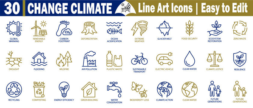 Global warming and ecological crisis line art icon collection featuring drought, wildfire, flooding, ocean acidification, carbon footprint, and sustainable transport signs vector illustration.