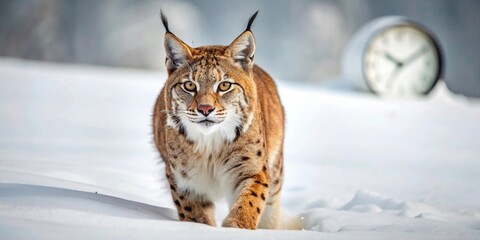 Fototapeta premium A Majestic Lynx Prowls Through a Winter Wonderland, a Clock Beckoning in the Distance