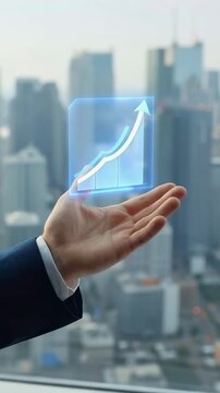 A Business Executive Presenting Growth Insights with a Digital Graph Visualization Against a City Skyline, Signifying Progress and Future Potential.