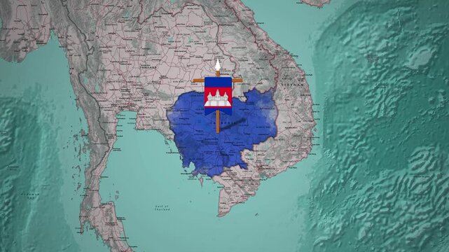 Cambodia Country Map Animation Highlighting Territory with National Flag Marker