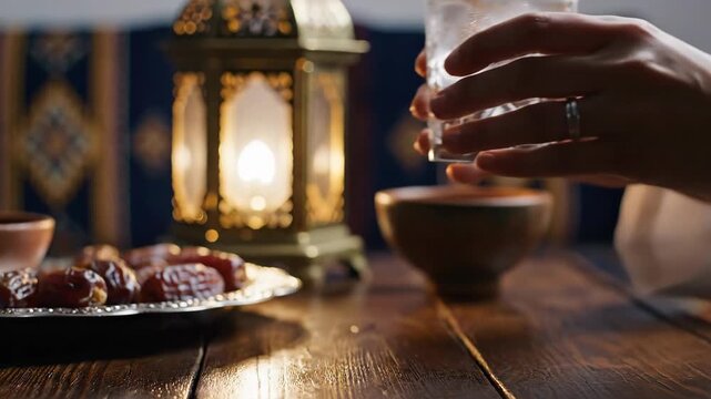 A Serene Ramadan Iftar: Hands Holding a Glass of Cold Water with Dates and a Glowing Lantern