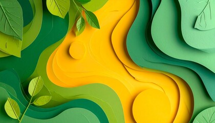 Abstract paper cut-out art, layered colorful paper shapes, soft shadows, organic botanical forms, sun yellow and leaf green, minimalist nature theme for kids, 