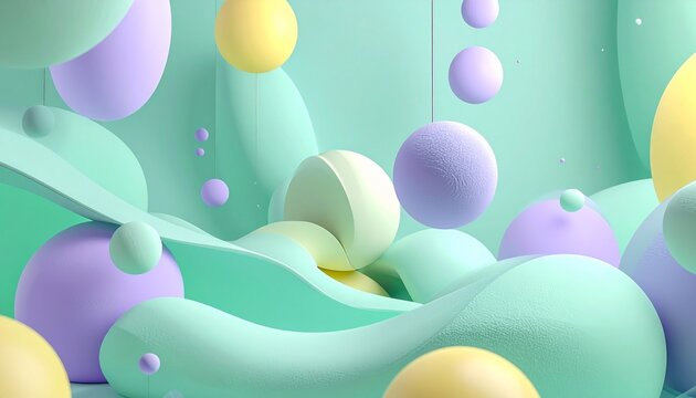 Abstract soft 3D shapes background, vertical mobile, puffy inflated geometric forms floating, matte finish tactile texture, trendy neo-mint and lavender color palette with soft yellow accents,