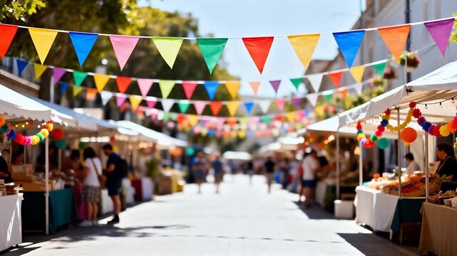 Colorful market street with tents and flags