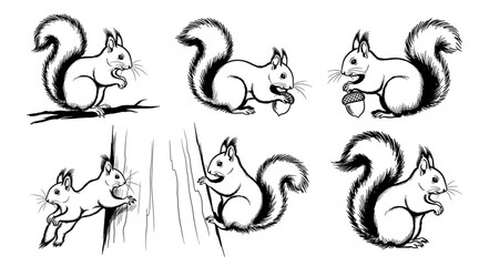Obraz premium Set of Six Hand Drawn Squirrel Illustrations in Various Poses.