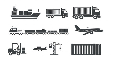 Set of transportation and logistics icons including ship train truck airplane and crane. © FENI
