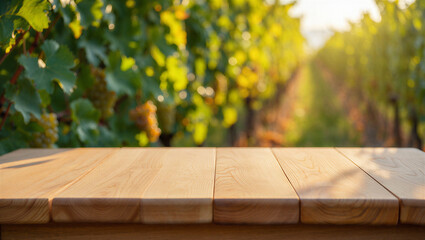 Wooden table in foreground, vineyard rows bathed in golden sunset light ©  Blar Studio