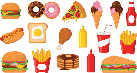 Large set of fast food featuring burgers pizza hot dogs fried chicken donuts pancakes and french fries for restaurant menu vector illustration © Shahanaj