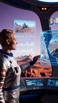 Futuristic Space Exploration: A Female Astronaut Analyzes Terrain Data from a Spacecraft Command Center in a Distant Planetary Landscape