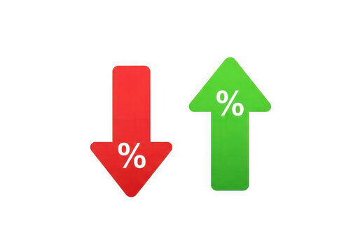Contrasting arrows indicating percentage increase and decrease in financial metrics isolated on transparent background