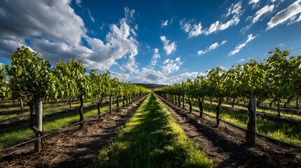 Obraz premium Vineyard Rows Under a Dramatic Blue Sky with Fluffy Clouds.