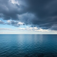 Obraz premium A breathtaking panoramic seascape featuring the expansive blue ocean water meeting the horizon beneath a dramatic cloudy sky, deep, peaceful, cloud