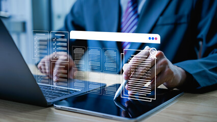 Businessman reviewing online documents with checklists, quality assessment management, market data report analysis, and business plan evaluation process for strategic decision making © Father_Studio