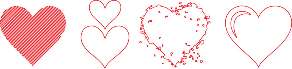 A minimalist black and white illustration featuring four stylized heart designs arranged horizontally.