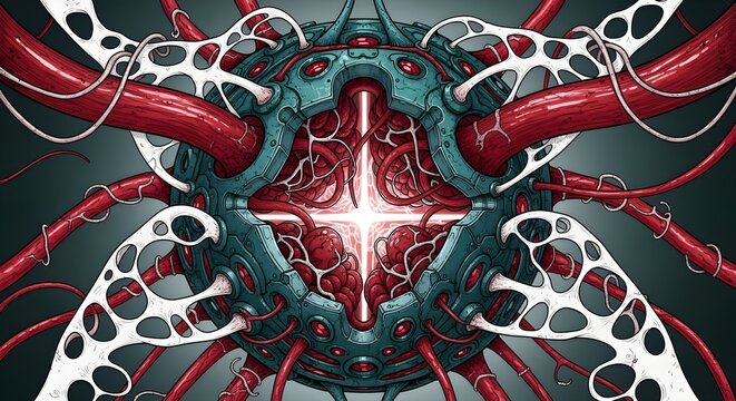Biopunk Cybernetic Bone Marrow Core with Red and White Filaments for National Aplastic Anemia and MDS Awareness Week, Moebius-Inspired Linework, Biomechanical Cellular Growth, Teal and Crimson Concept