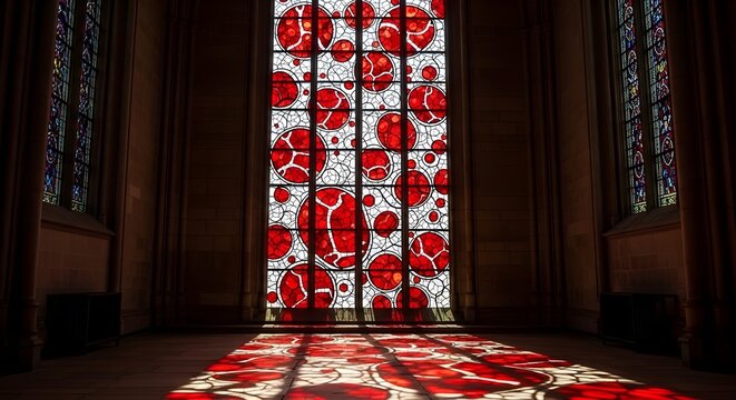 Gothic Cathedral Stained Glass Window Depicting Bone Marrow Regeneration for National Aplastic Anemia and MDS Awareness Week, Red and White Cellular Patterns, Light Projection, Spiritual and Scientifi