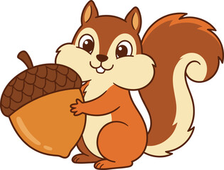 Obraz premium A charming cartoon illustration of a brown and orange squirrel holding a large acorn. The squirrel has big, expressive eyes and a fluffy tail, depicted against a clean white background.